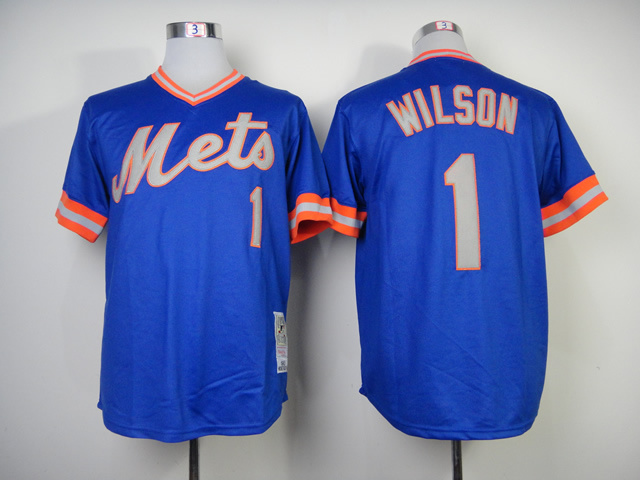 Men New York Mets #1 Wilson Blue Throwback MLB Jerseys